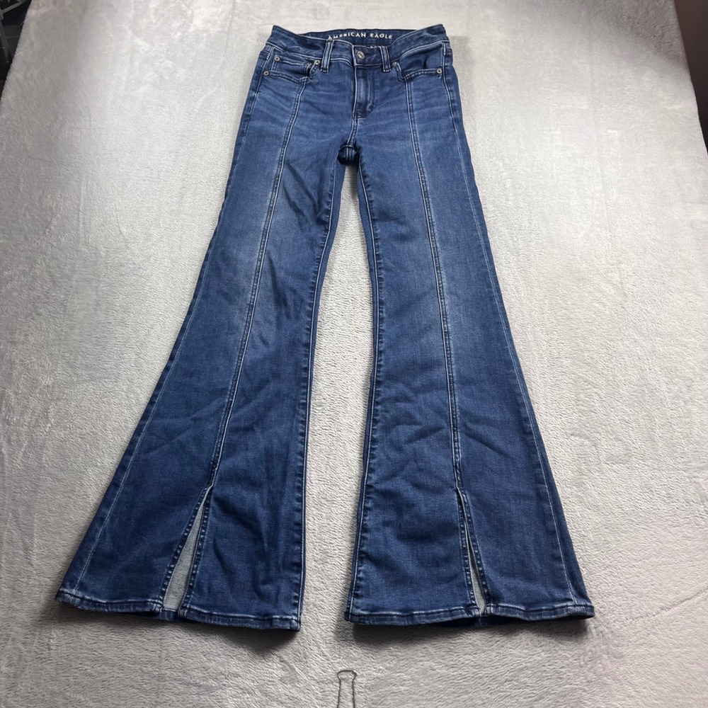 American Eagle Festival Flare Jeans Womens 2 Regular Blue Split Hem High Rise
